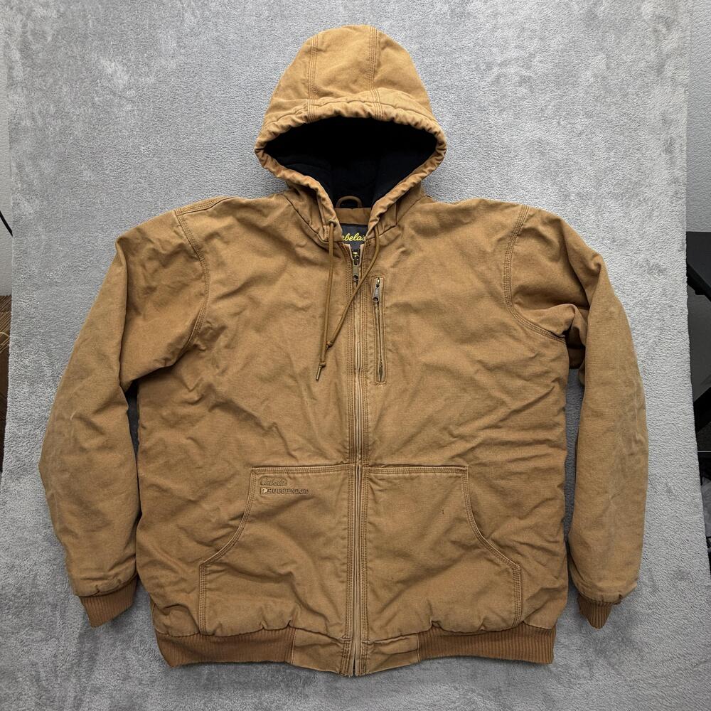 Cabela's Jacket Mens XLT Brown Quilted Hooded Insulated Lined Pockets Full Zip